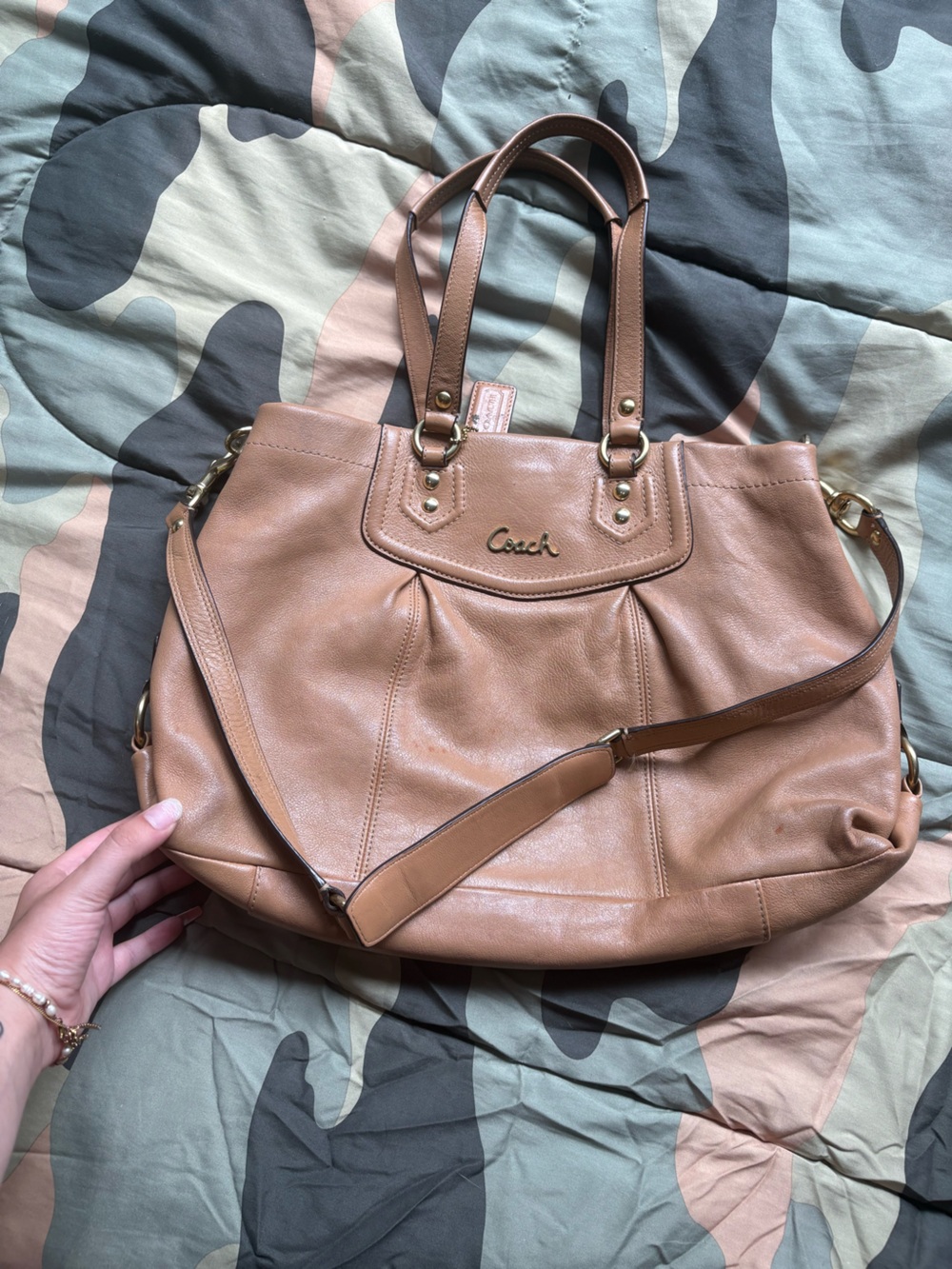 Coach Tan Leather Shoulder Tote with Gold Hardware